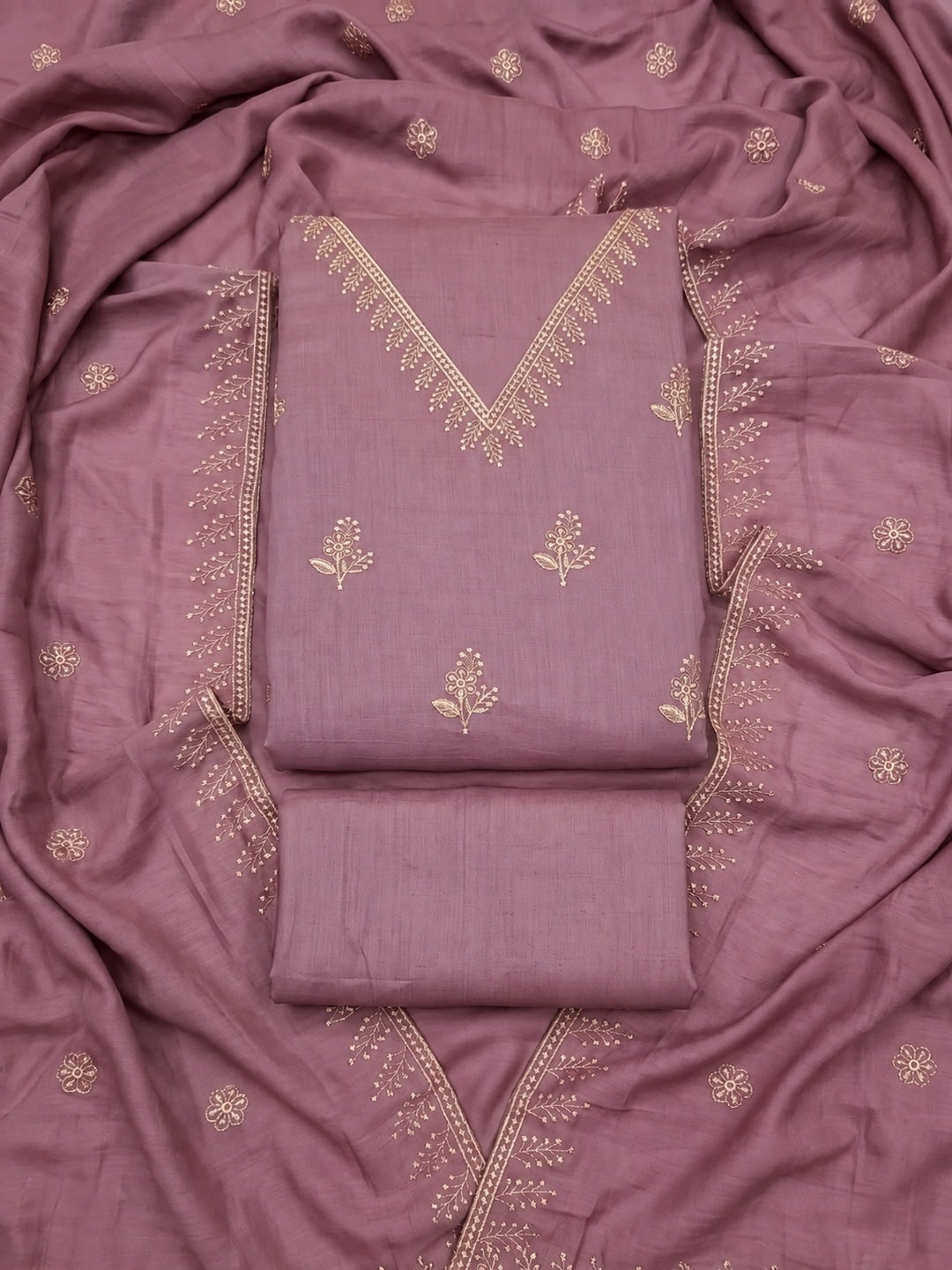 Mauve Floral Embroidered Vichitra Silk Unstitched Dress Material - Image 1