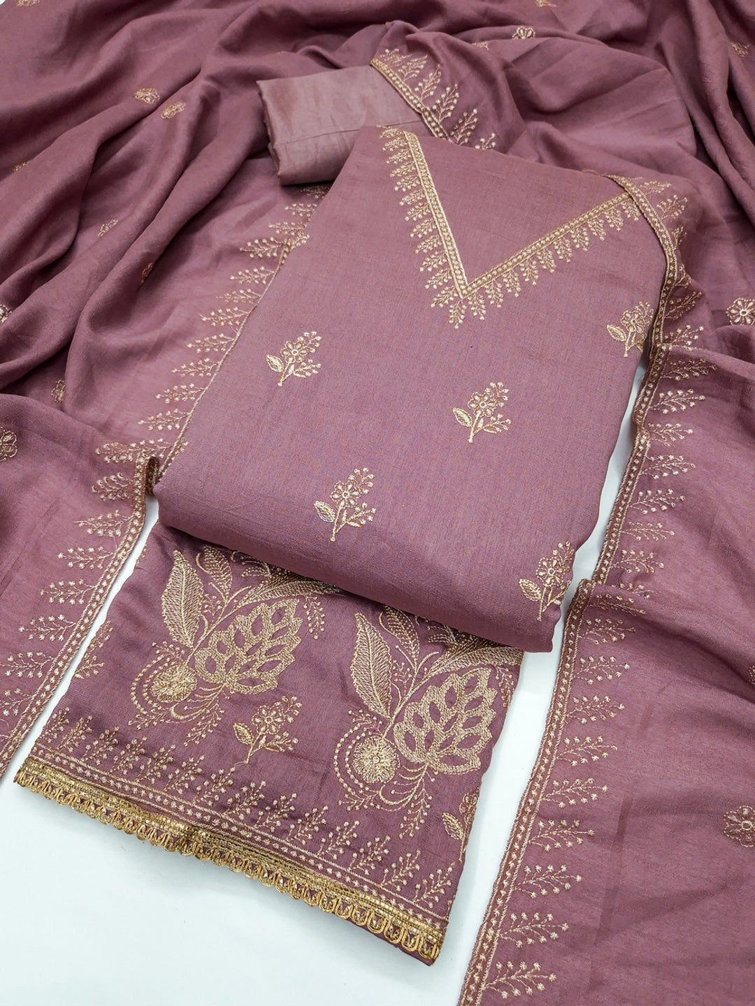 Mauve Floral Embroidered Vichitra Silk Unstitched Dress Material - Image 3