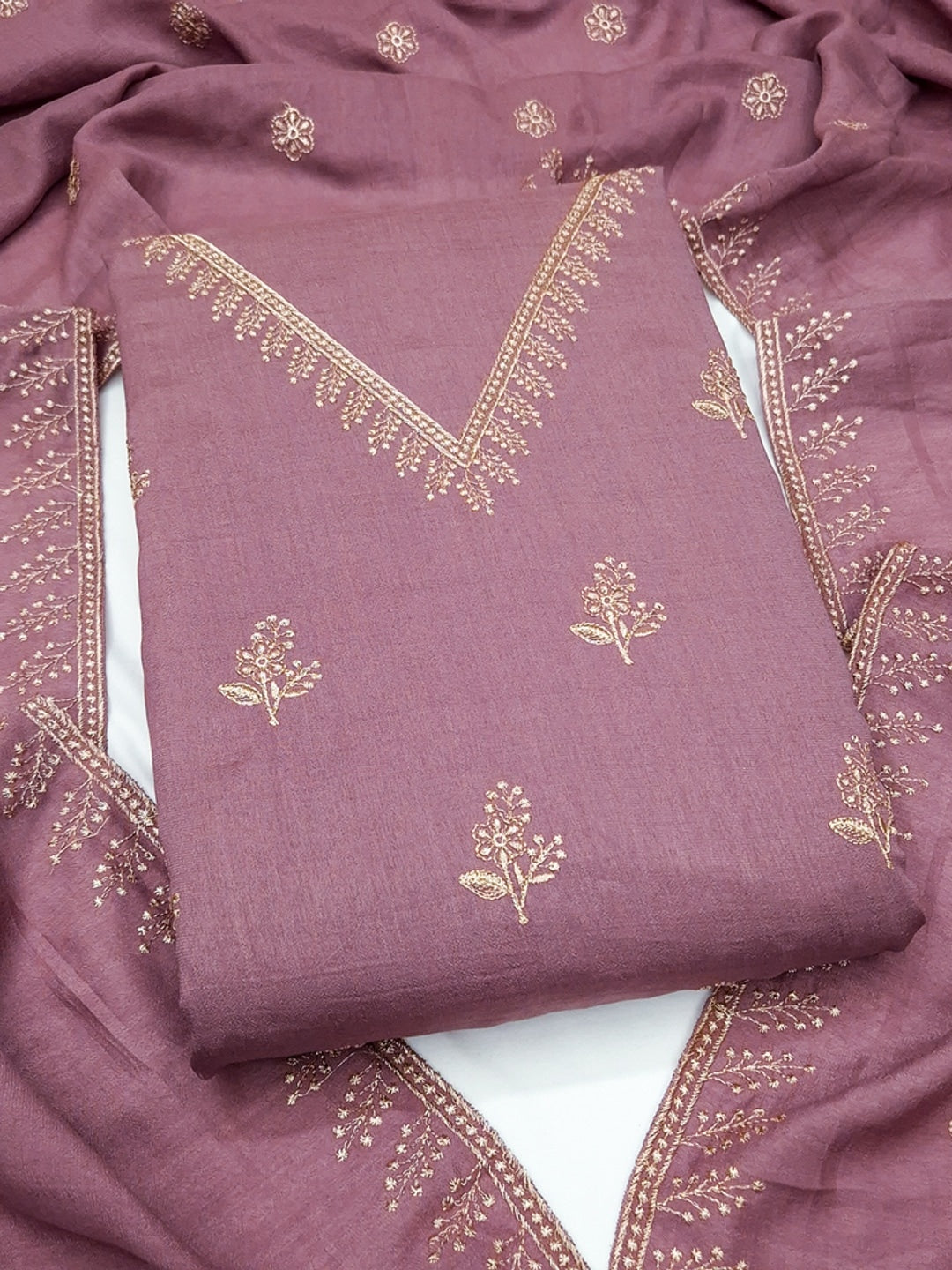 Mauve Floral Embroidered Vichitra Silk Unstitched Dress Material - Image 4