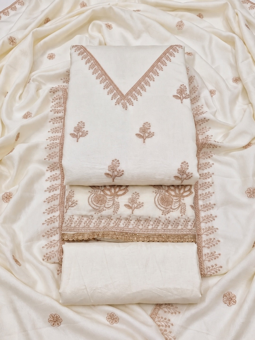 Cream Floral Embroidered Vichitra Silk Unstitched Dress Material - Image 1