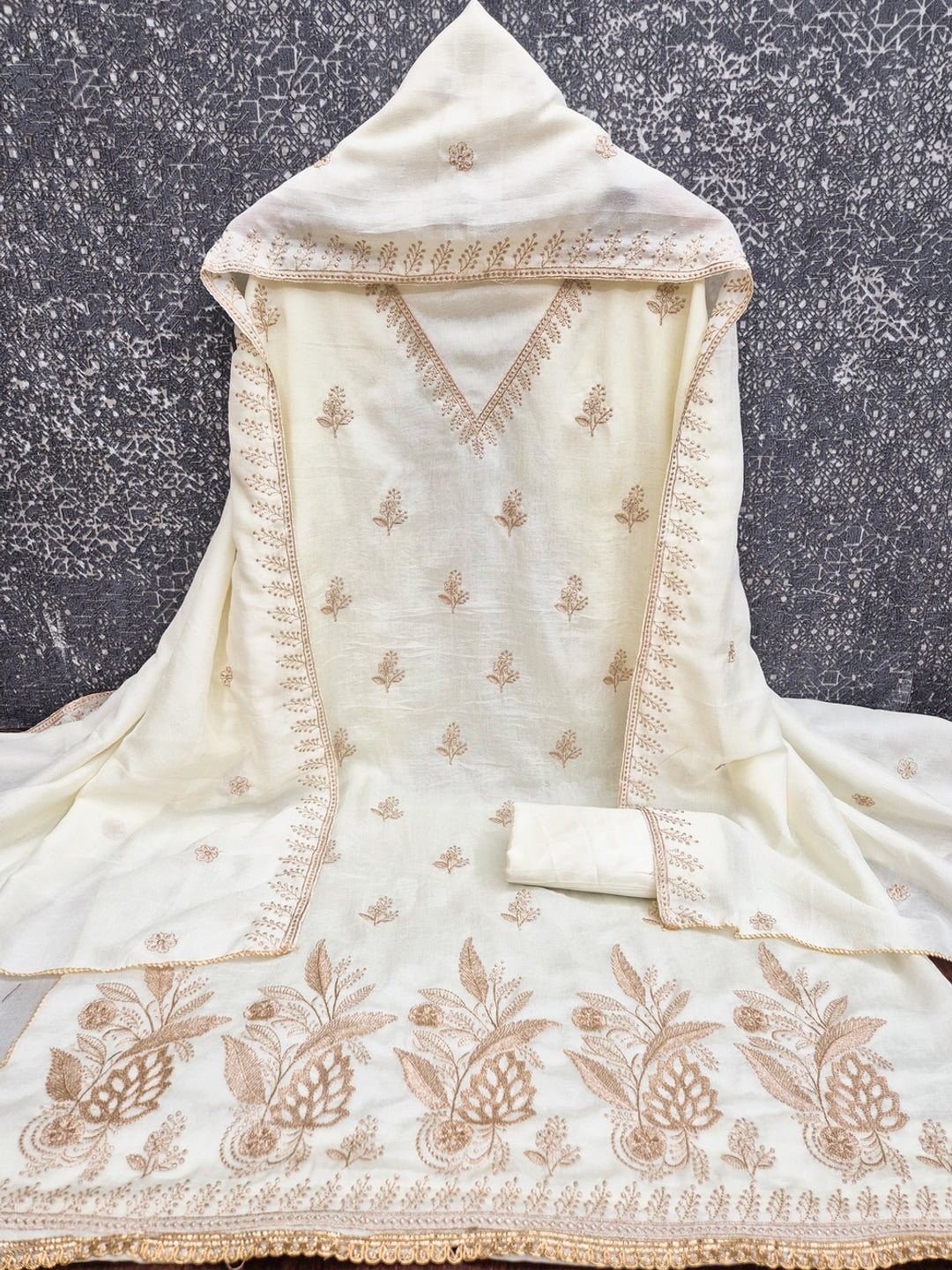 Cream Floral Embroidered Vichitra Silk Unstitched Dress Material - Image 5