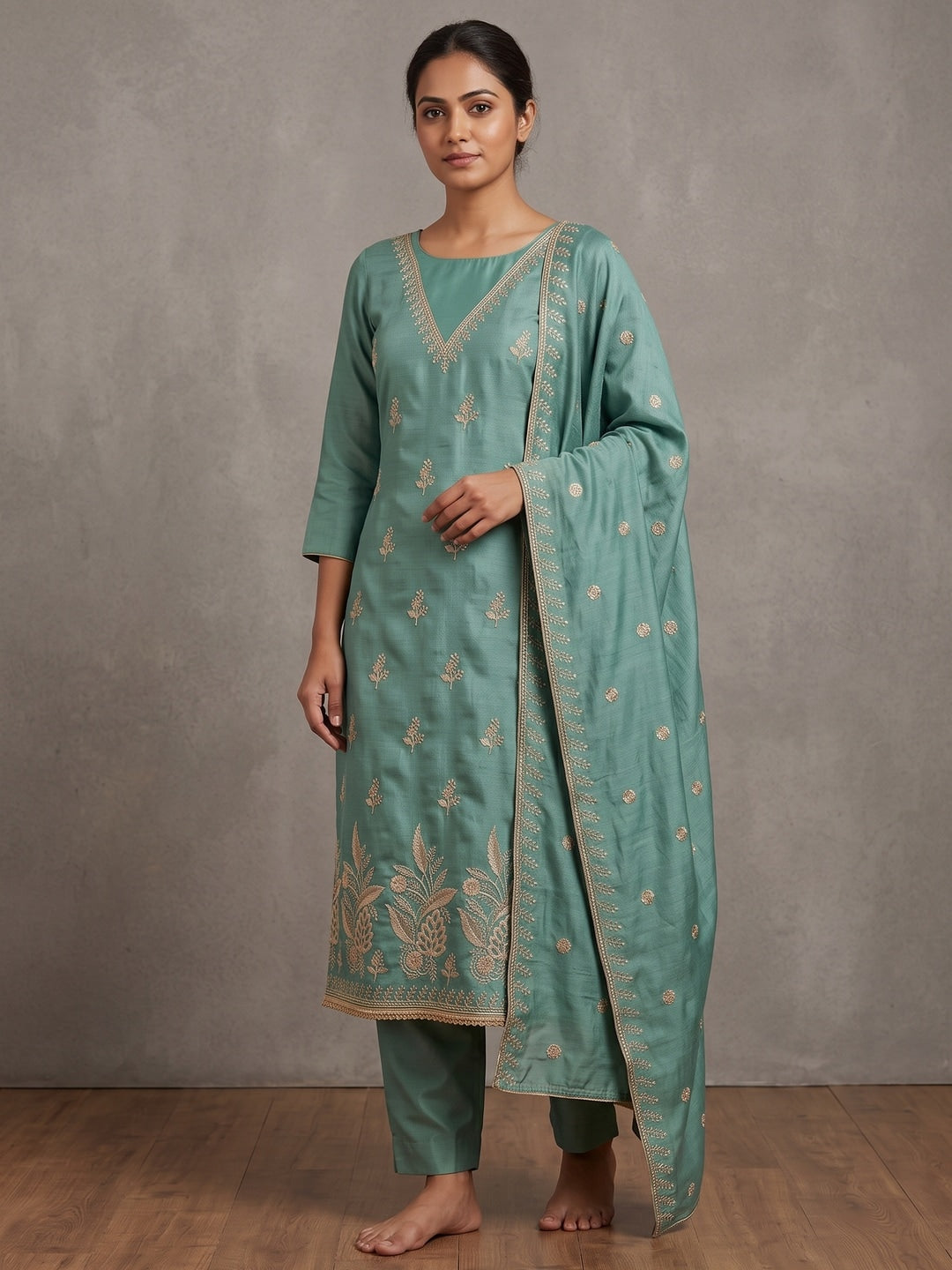 Sea Green Floral Embroidered Vichitra Silk Unstitched Dress Material - Image 2