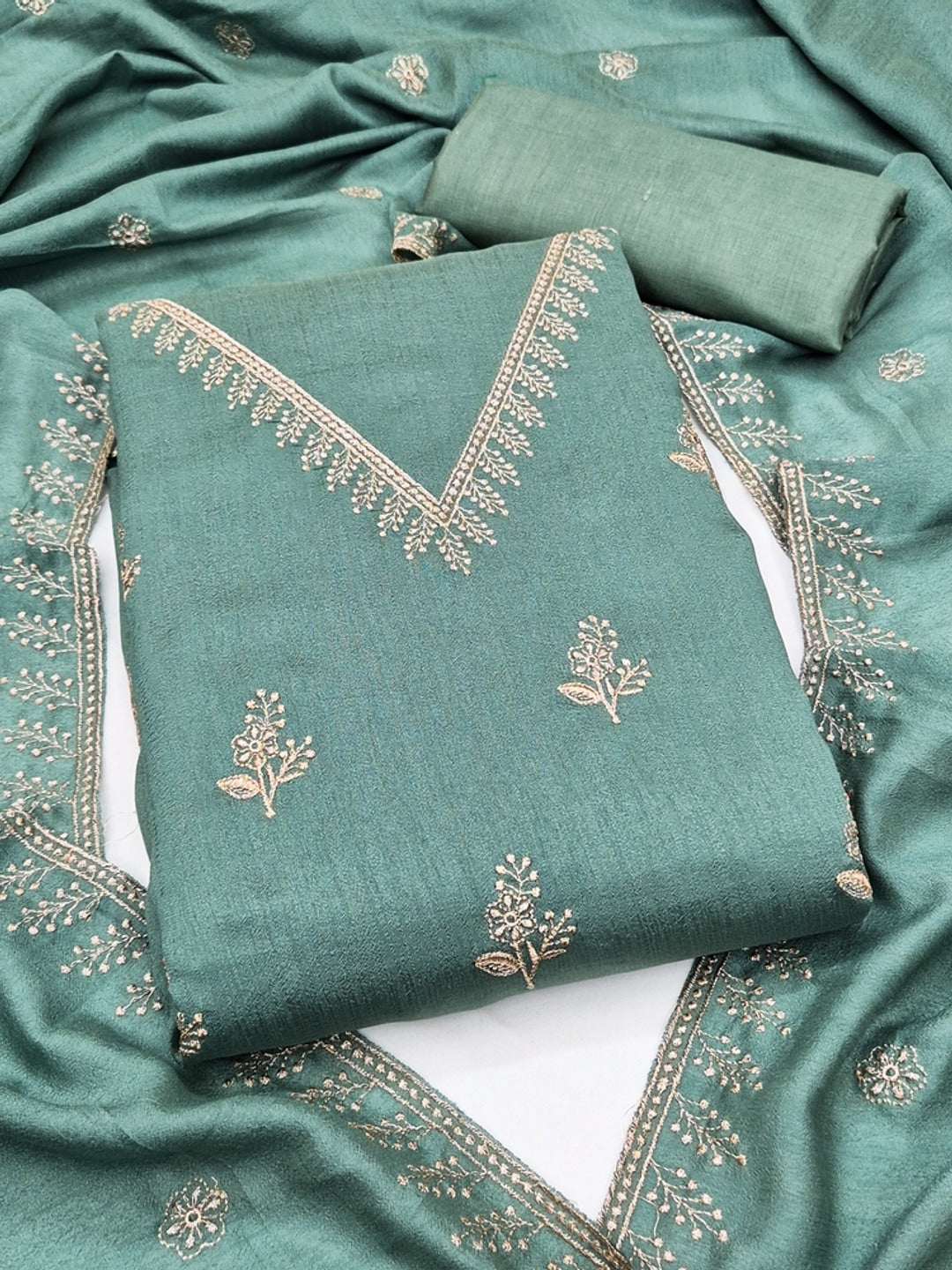Sea Green Floral Embroidered Vichitra Silk Unstitched Dress Material - Image 4
