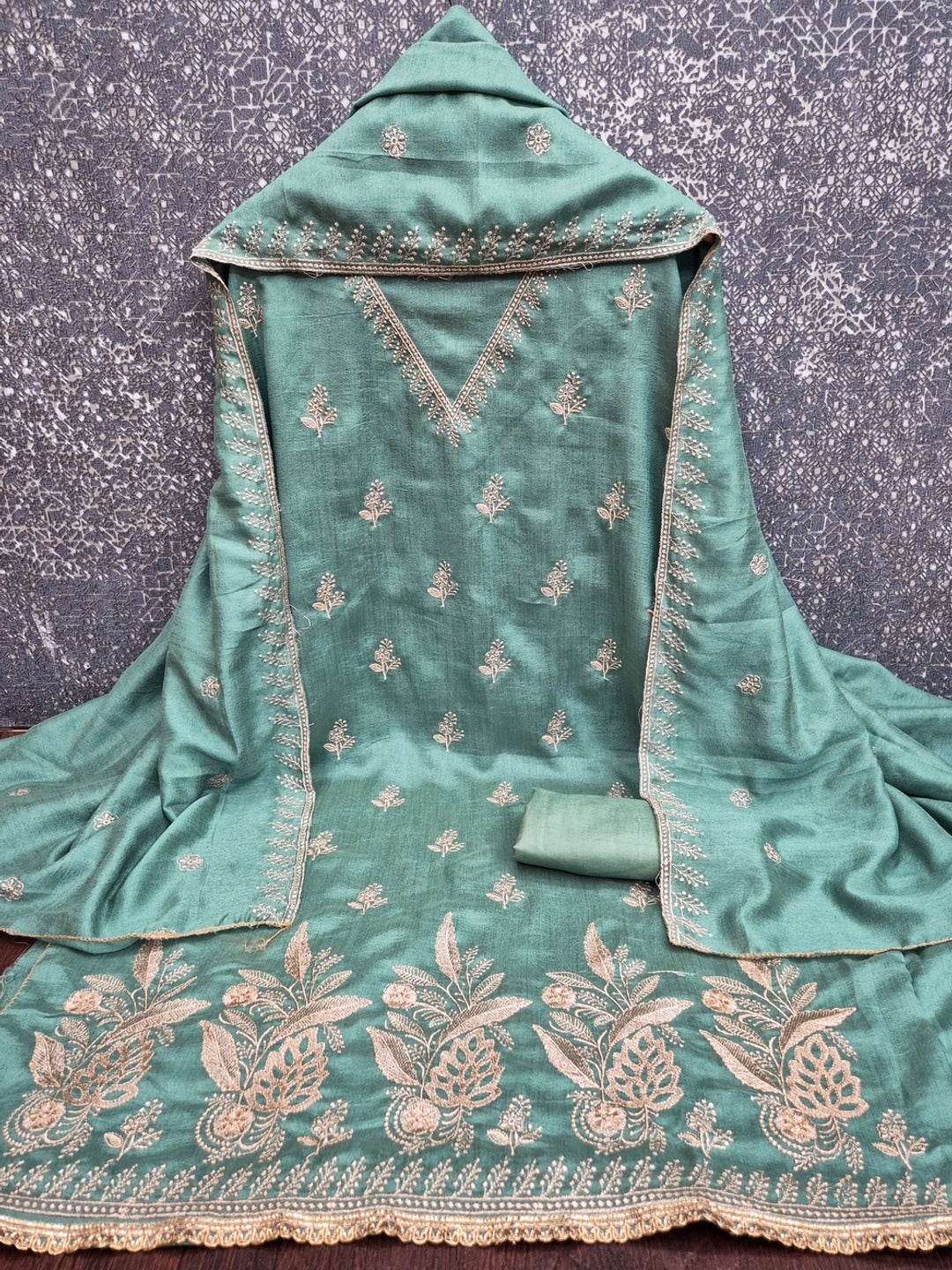 Sea Green Floral Embroidered Vichitra Silk Unstitched Dress Material - Image 5
