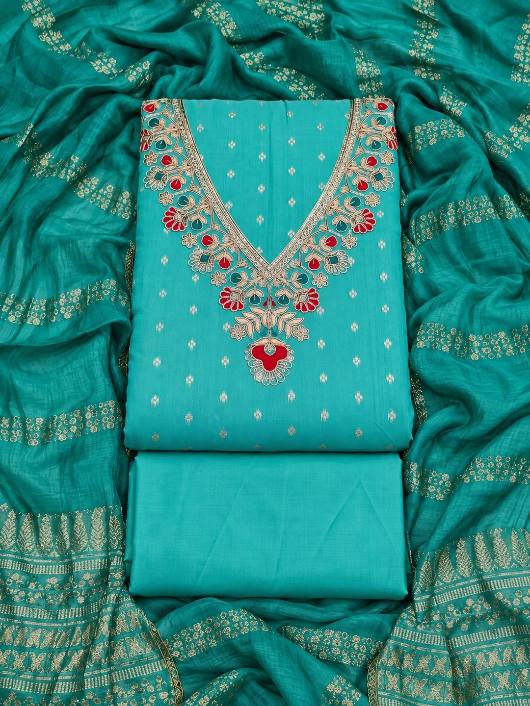 Turquoise Embroidered Chanderi Unstitched Dress Material - Image 1