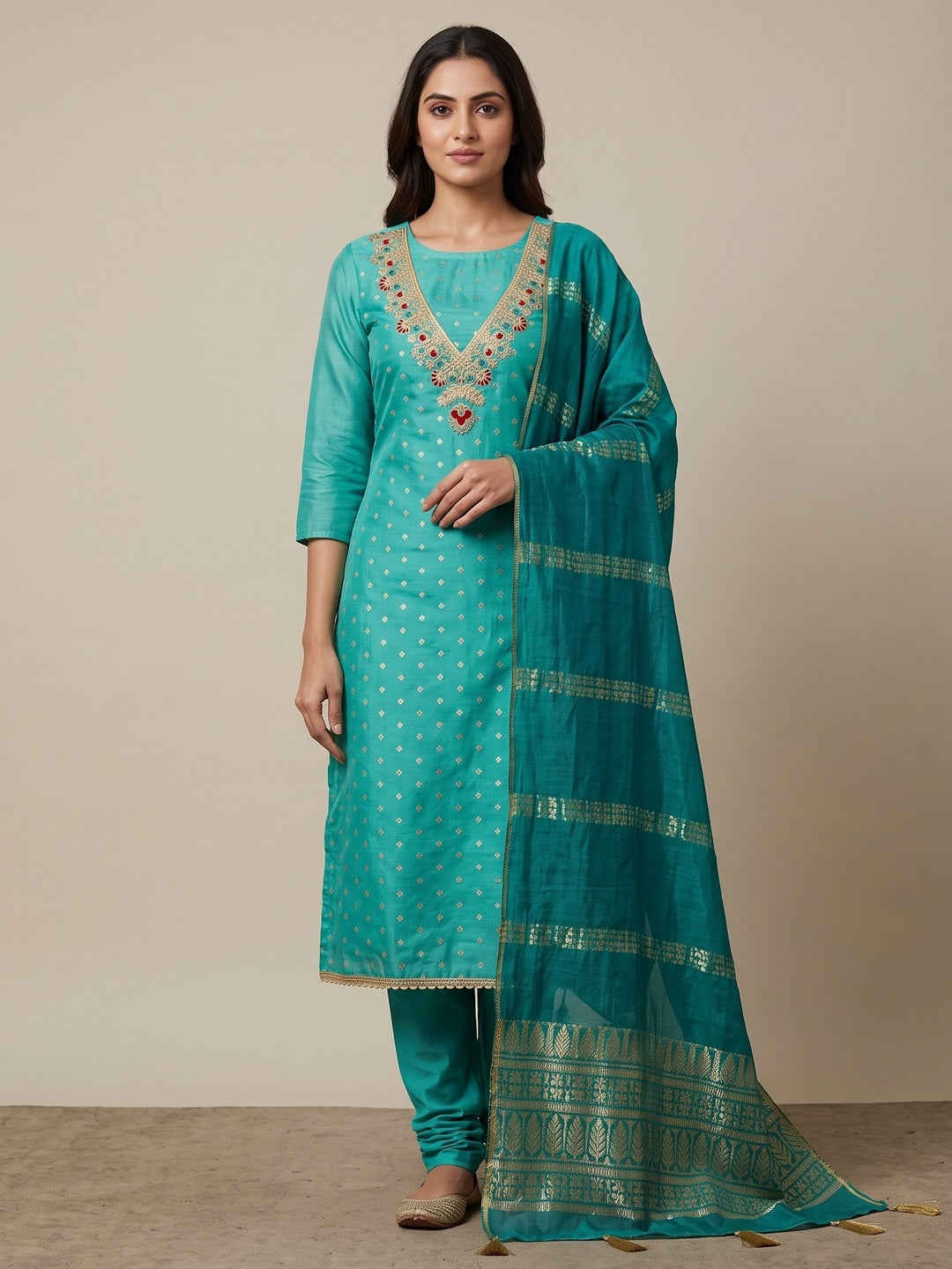 Turquoise Embroidered Chanderi Unstitched Dress Material - Image 2