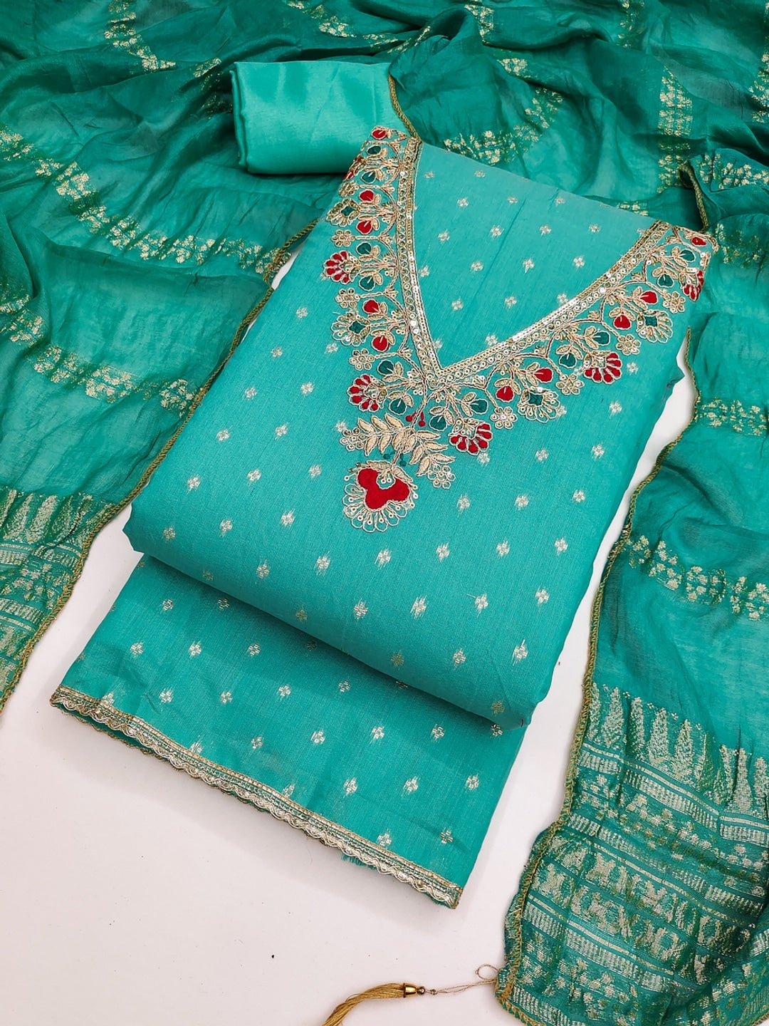 Turquoise Embroidered Chanderi Unstitched Dress Material - Image 3