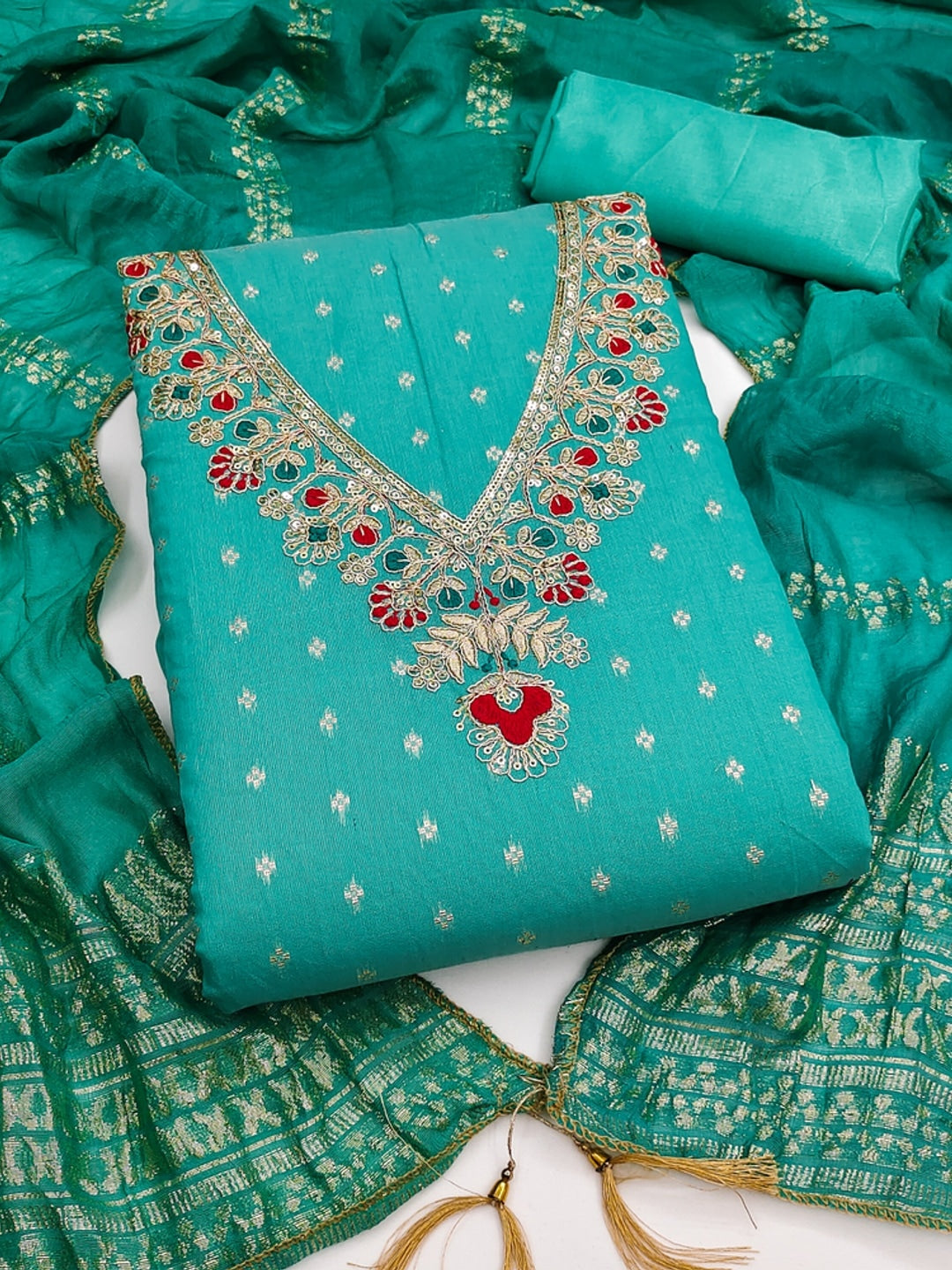 Turquoise Embroidered Chanderi Unstitched Dress Material - Image 4