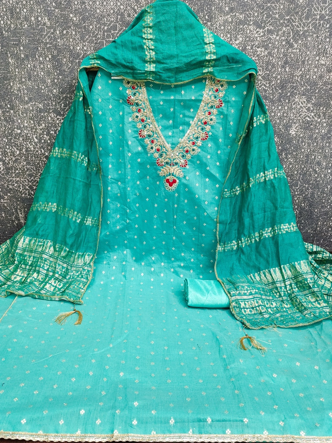 Turquoise Embroidered Chanderi Unstitched Dress Material - Image 5