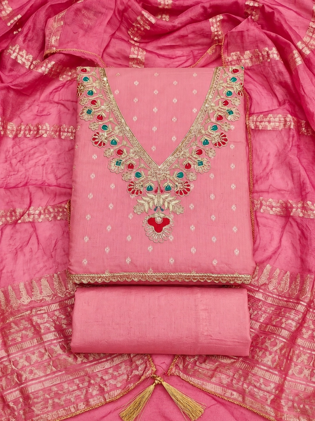 Pink Embroidered Chanderi Unstitched Dress Material - Image 1