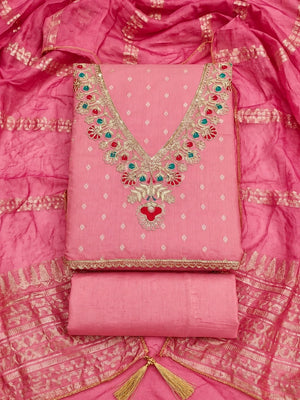 Pink Embroidered Chanderi Unstitched Dress Material - Image 1