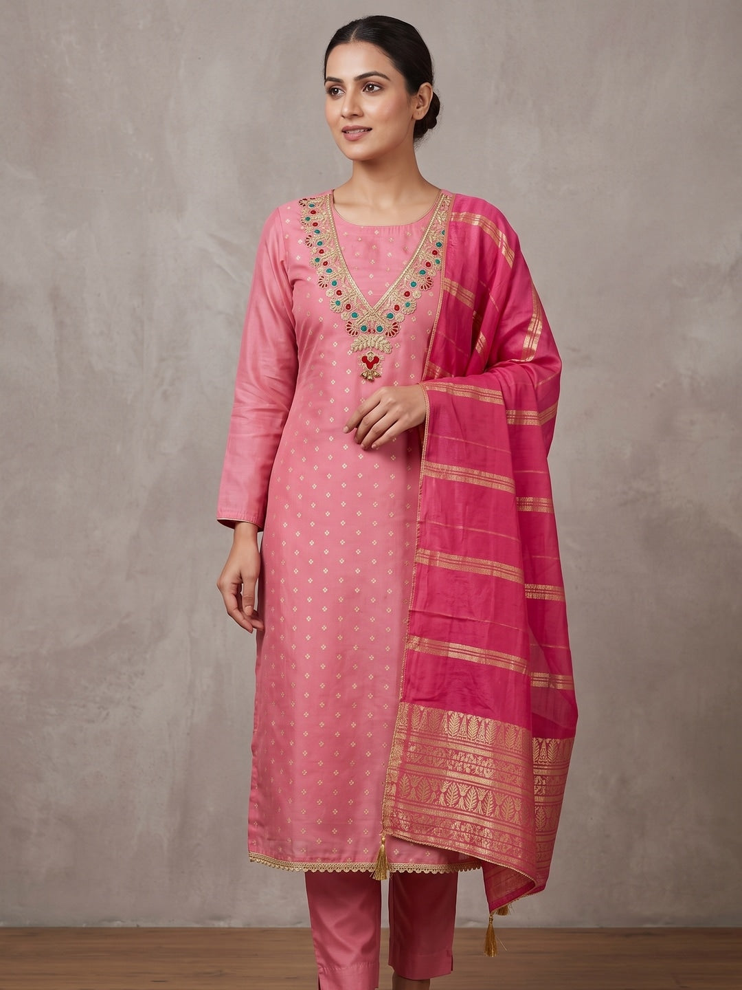 Pink Embroidered Chanderi Unstitched Dress Material - Image 2