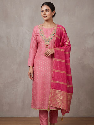 Pink Embroidered Chanderi Unstitched Dress Material - Image 2