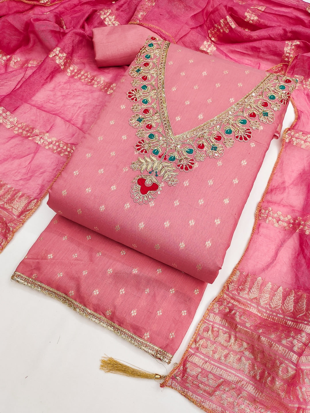Pink Embroidered Chanderi Unstitched Dress Material - Image 3