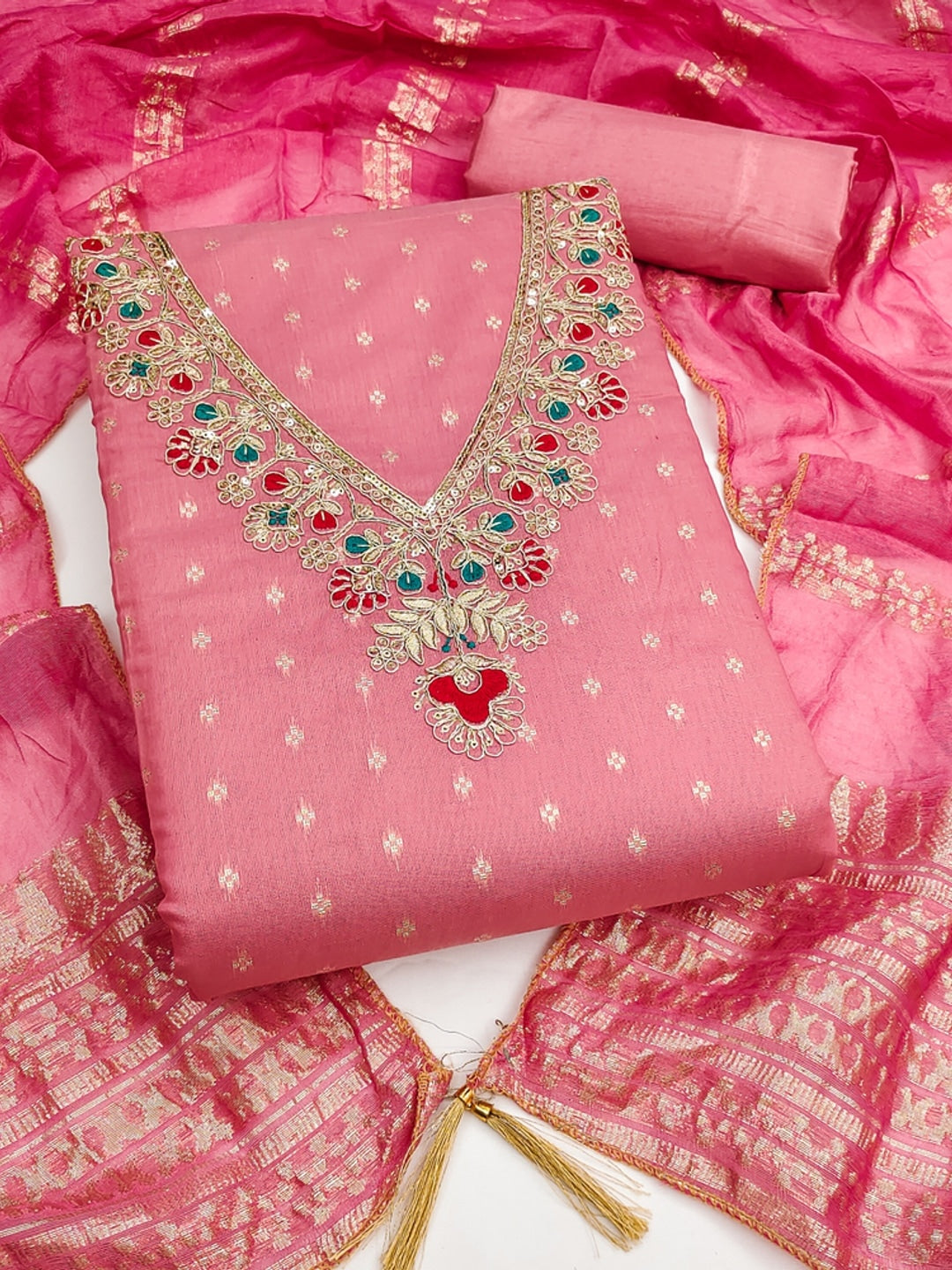 Pink Embroidered Chanderi Unstitched Dress Material - Image 4