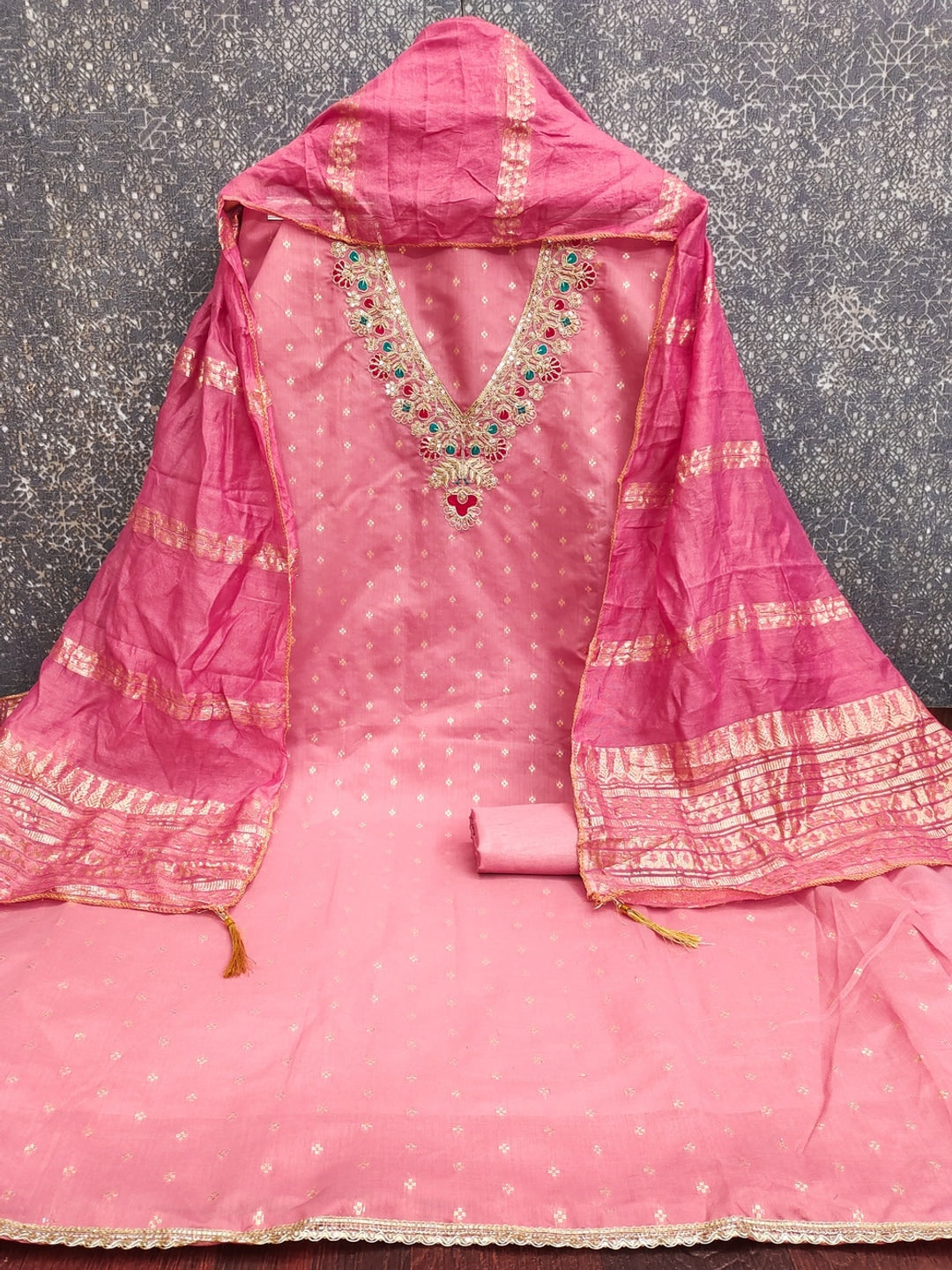 Pink Embroidered Chanderi Unstitched Dress Material - Image 5