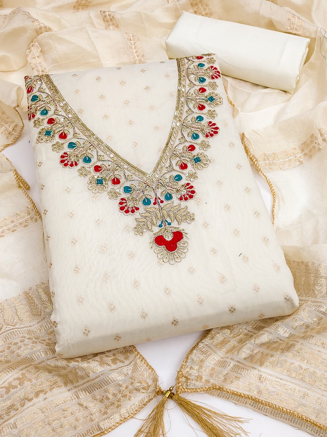 Cream Embroidered Chanderi Unstitched Dress Material - Image 4