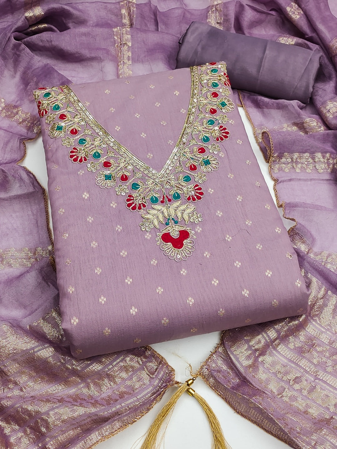 Lavender Embroidered Chanderi Unstitched Dress Material - Image 3