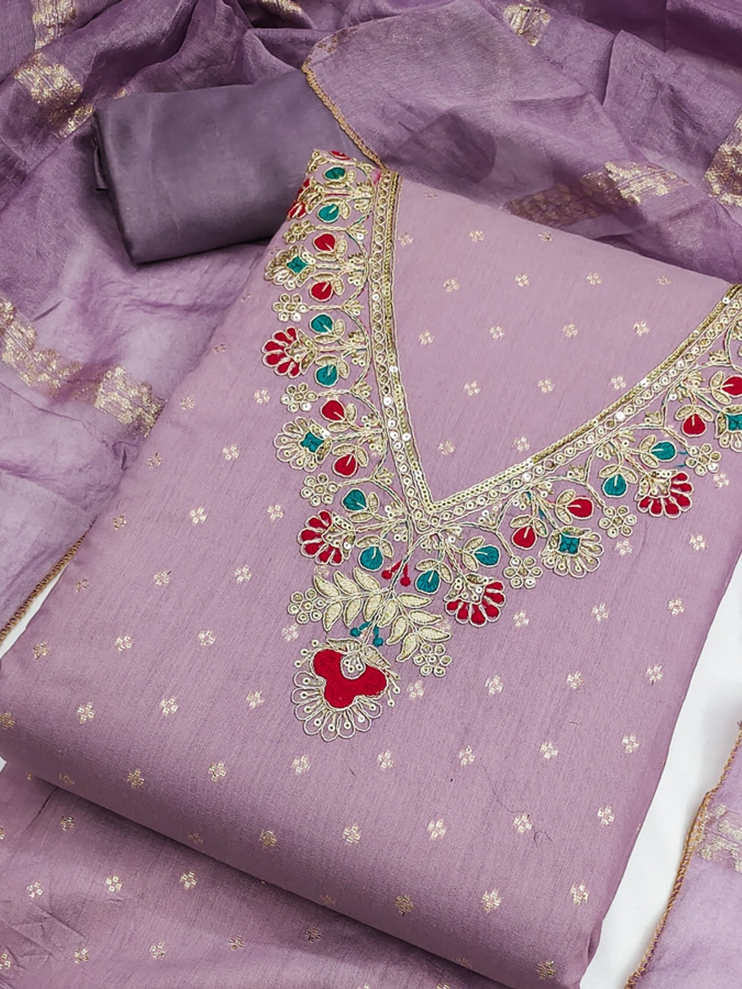 Lavender Embroidered Chanderi Unstitched Dress Material - Image 4