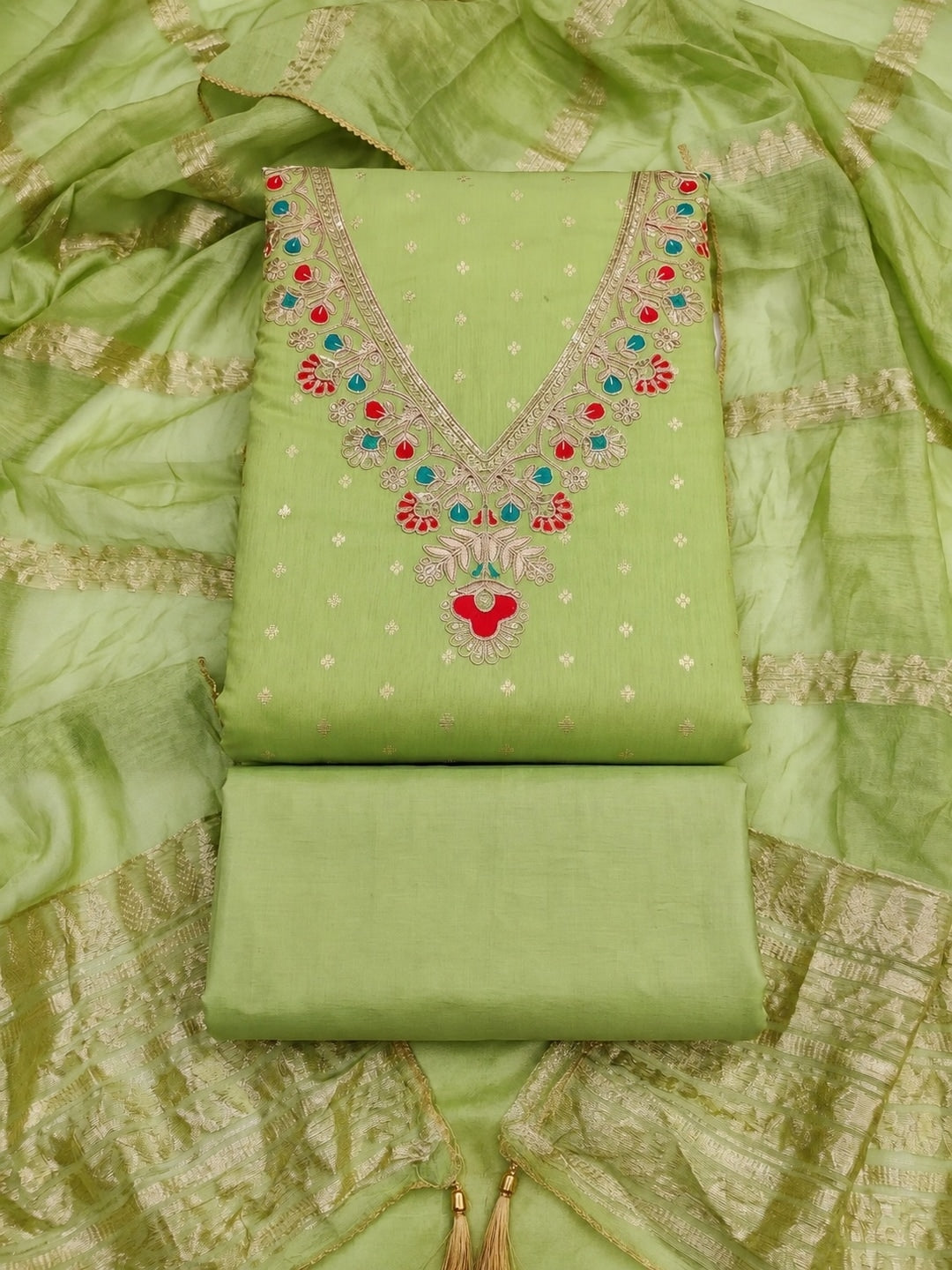 Lime Green Embroidered Chanderi Unstitched Dress Material - Image 1