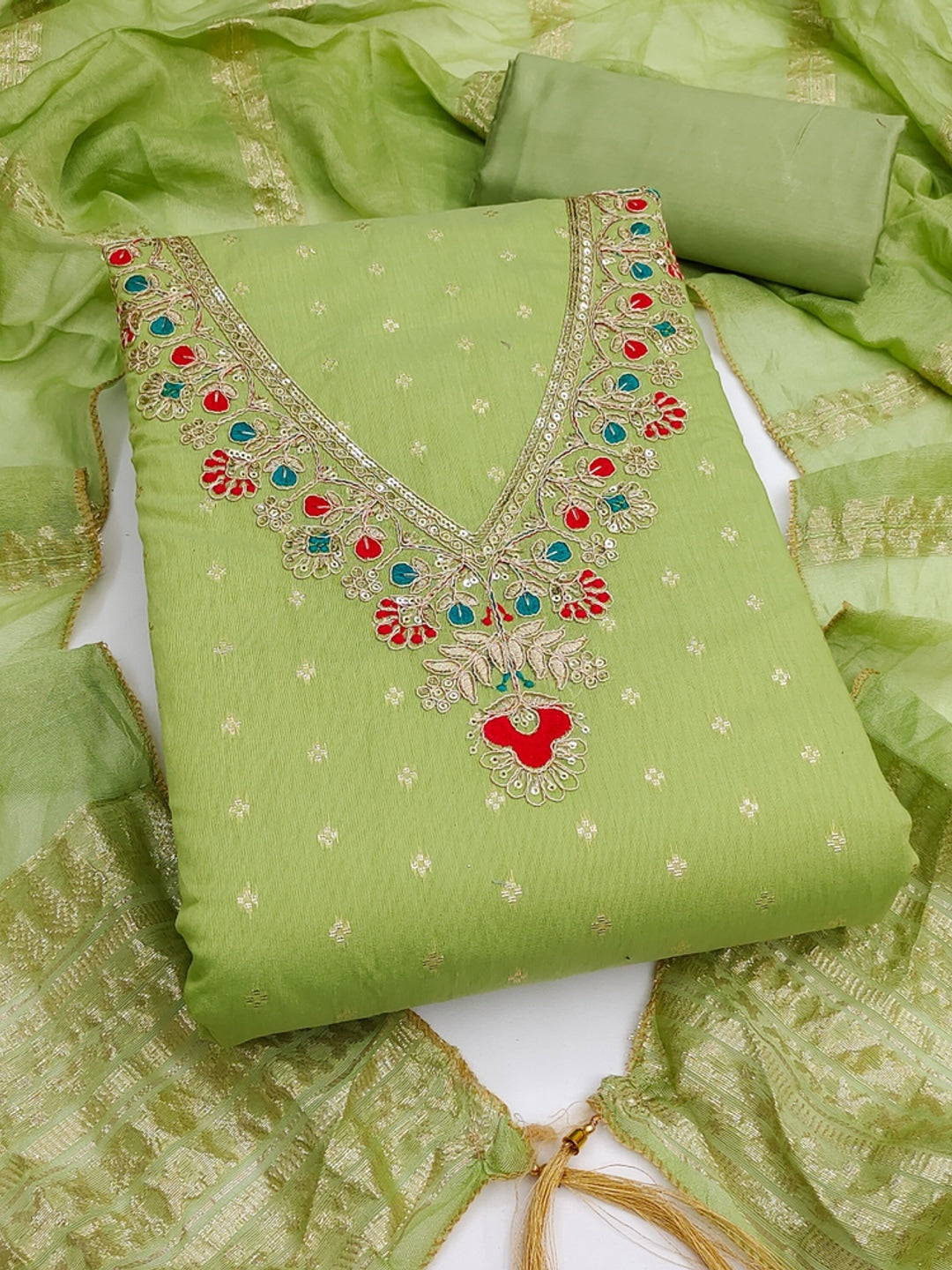 Lime Green Embroidered Chanderi Unstitched Dress Material - Image 4