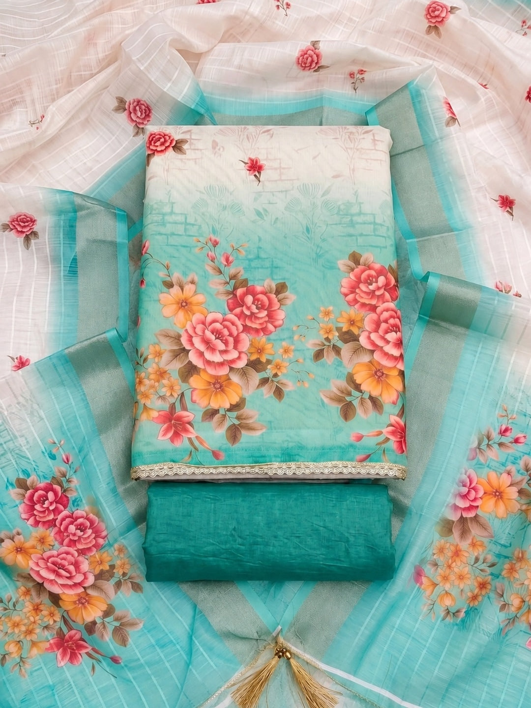 Cream Turquoise Floral Printed Unstitched Dress Material - Image 1