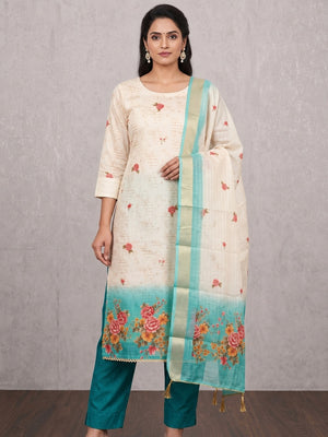 Cream Turquoise Floral Printed Unstitched Dress Material - Image 2