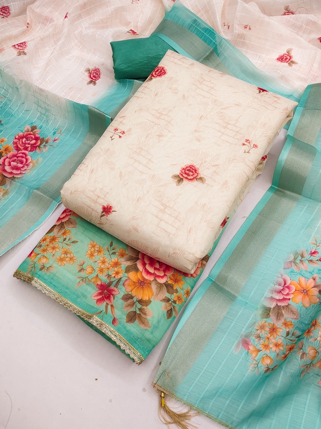 Cream Turquoise Floral Printed Unstitched Dress Material - Image 3