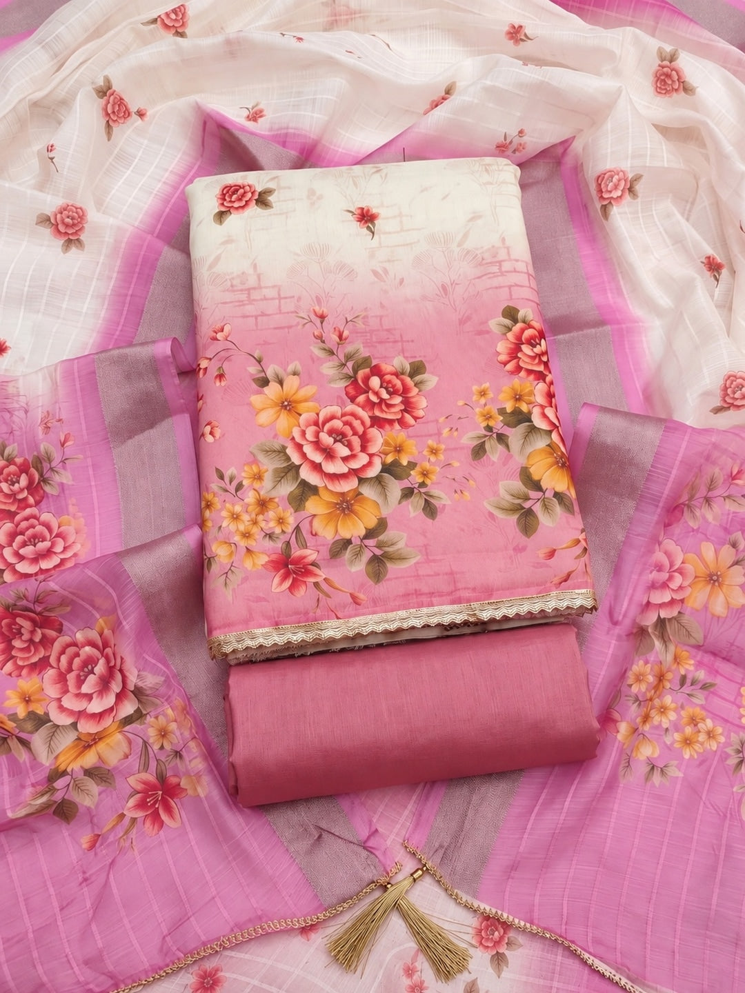 Cream Pink Floral Printed Unstitched Dress Material - Image 1