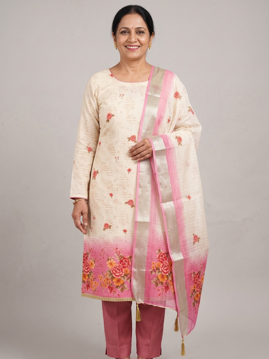 Cream Pink Floral Printed Unstitched Dress Material - Image 2