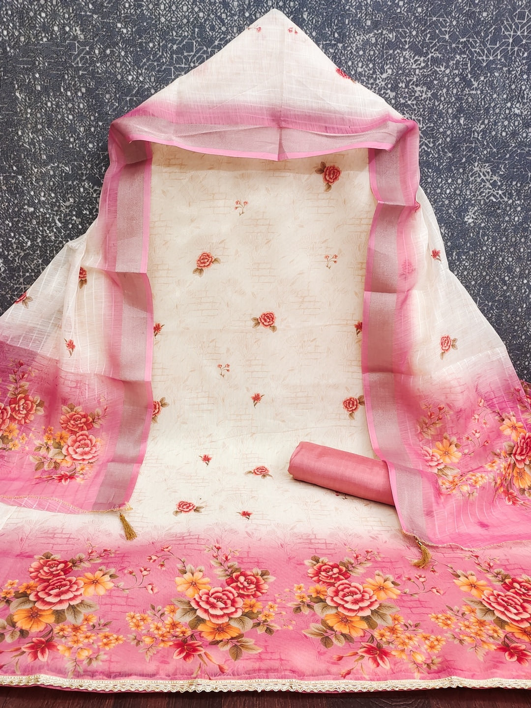 Cream Pink Floral Printed Unstitched Dress Material - Image 5