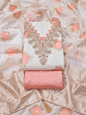 Cream Peach Embroidered Cotton Unstitched Dress Material - Image 1