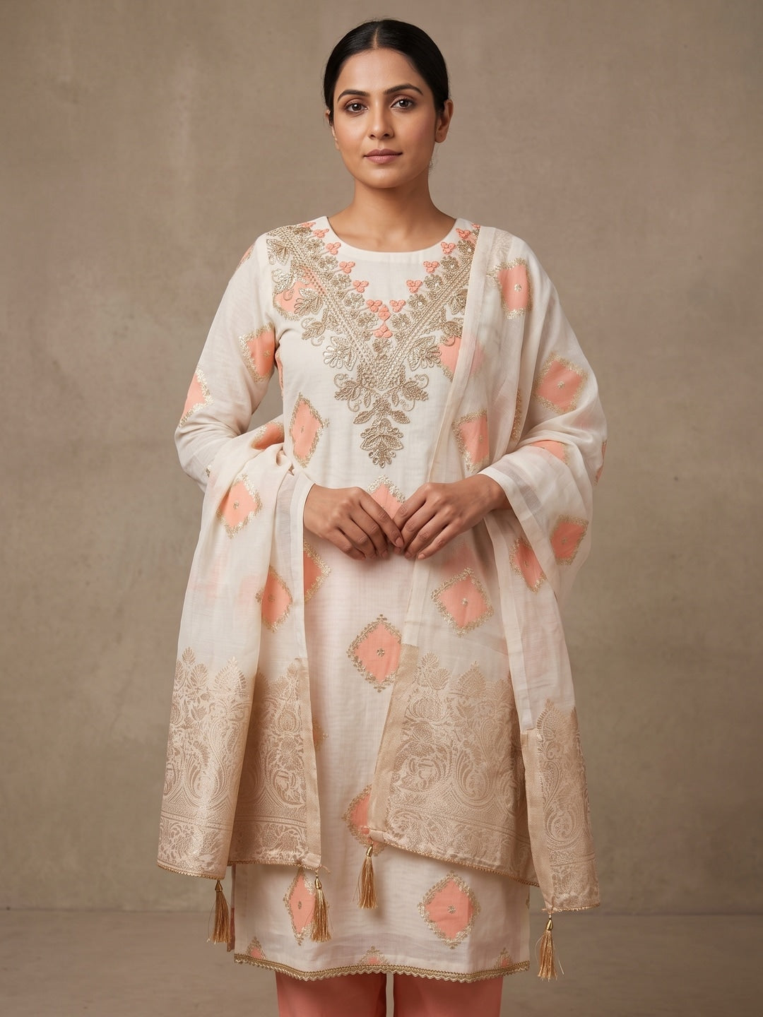 Cream Peach Embroidered Cotton Unstitched Dress Material - Image 2