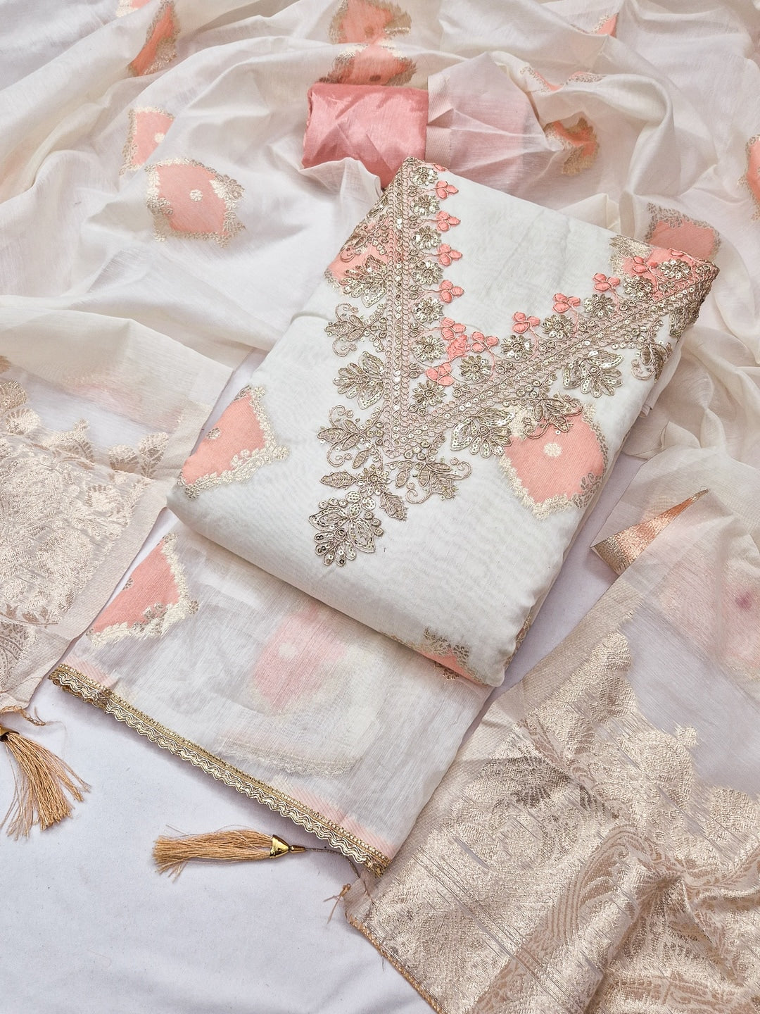 Cream Peach Embroidered Cotton Unstitched Dress Material - Image 3