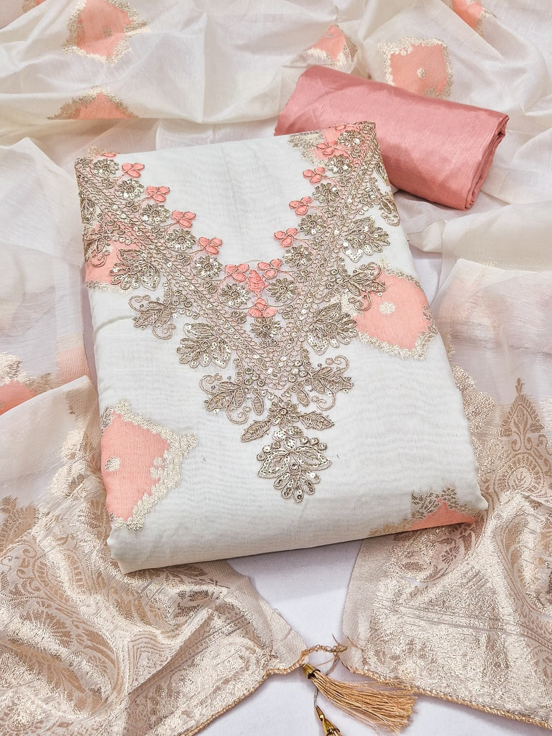 Cream Peach Embroidered Cotton Unstitched Dress Material - Image 4