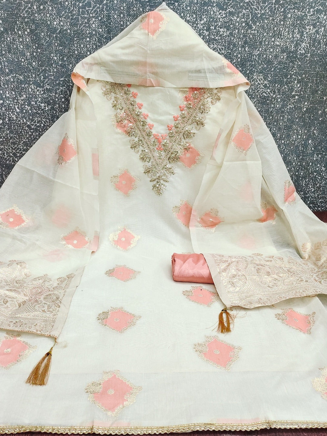 Cream Peach Embroidered Cotton Unstitched Dress Material - Image 5