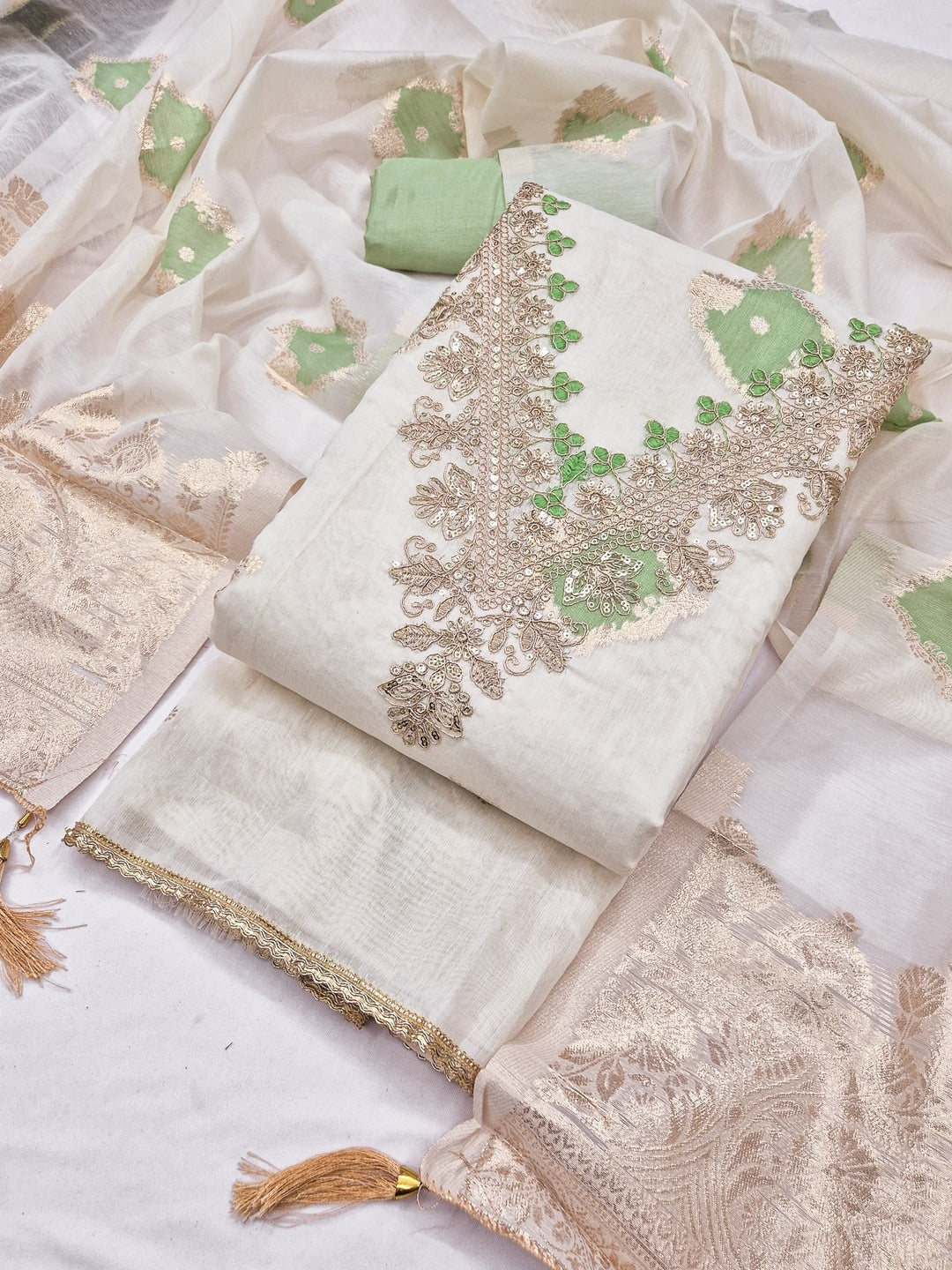 Cream Light Green Embroidered Cotton Unstitched Dress Material - Image 3