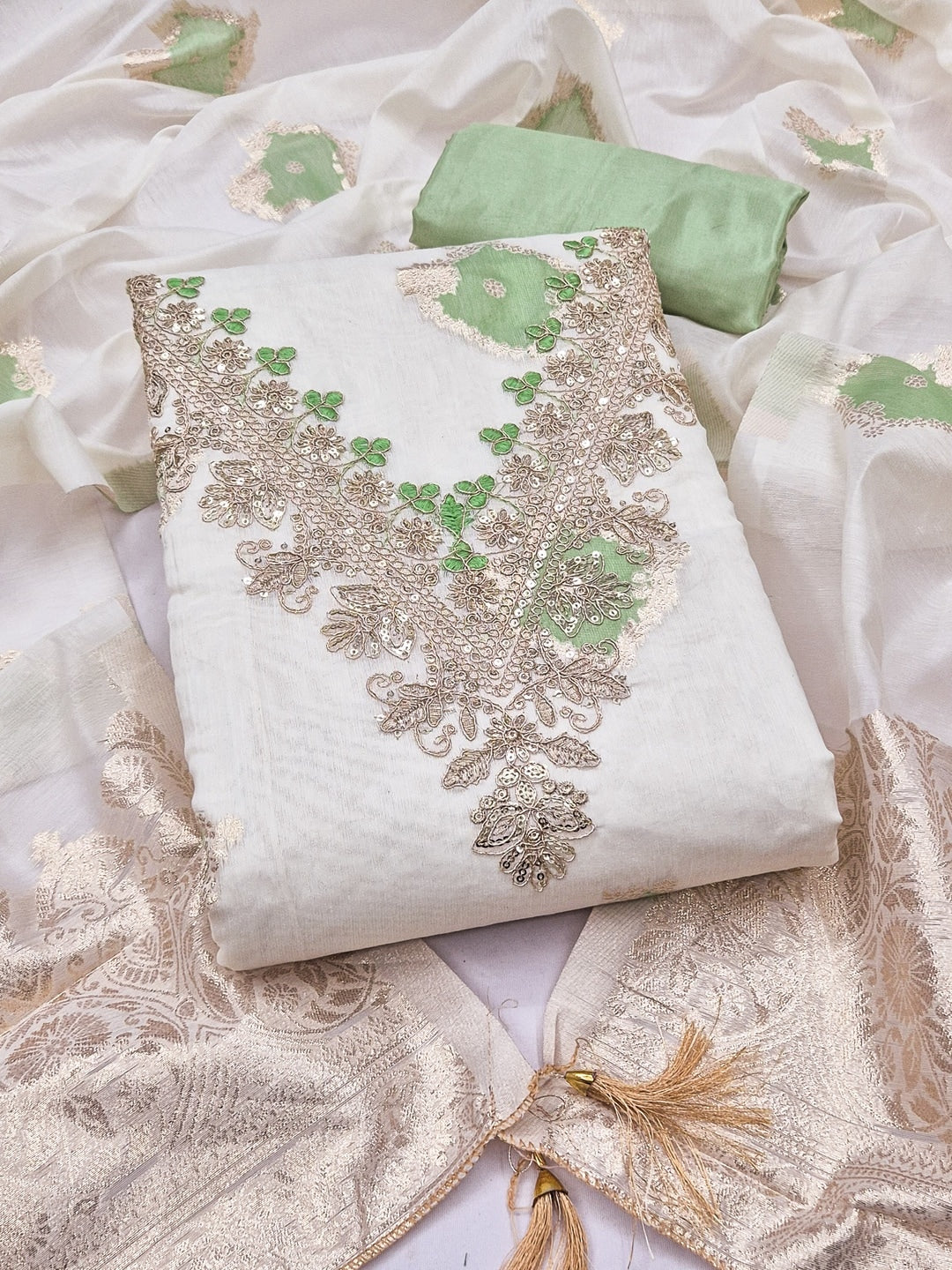 Cream Light Green Embroidered Cotton Unstitched Dress Material - Image 4