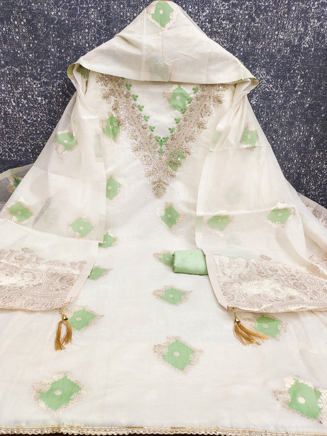 Cream Light Green Embroidered Cotton Unstitched Dress Material - Image 5