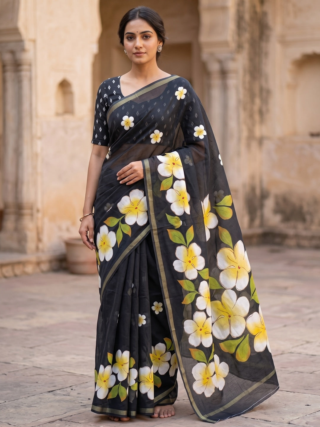 Black Floral Printed Mul Cotton Saree with Printed Blouse - Image 1