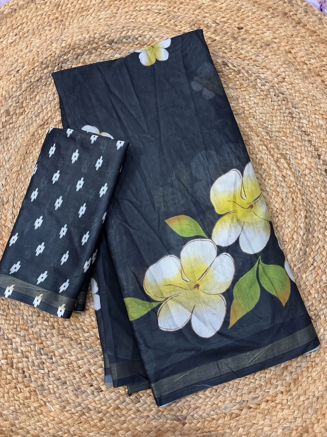 Black Floral Printed Mul Cotton Saree with Printed Blouse - Image 2
