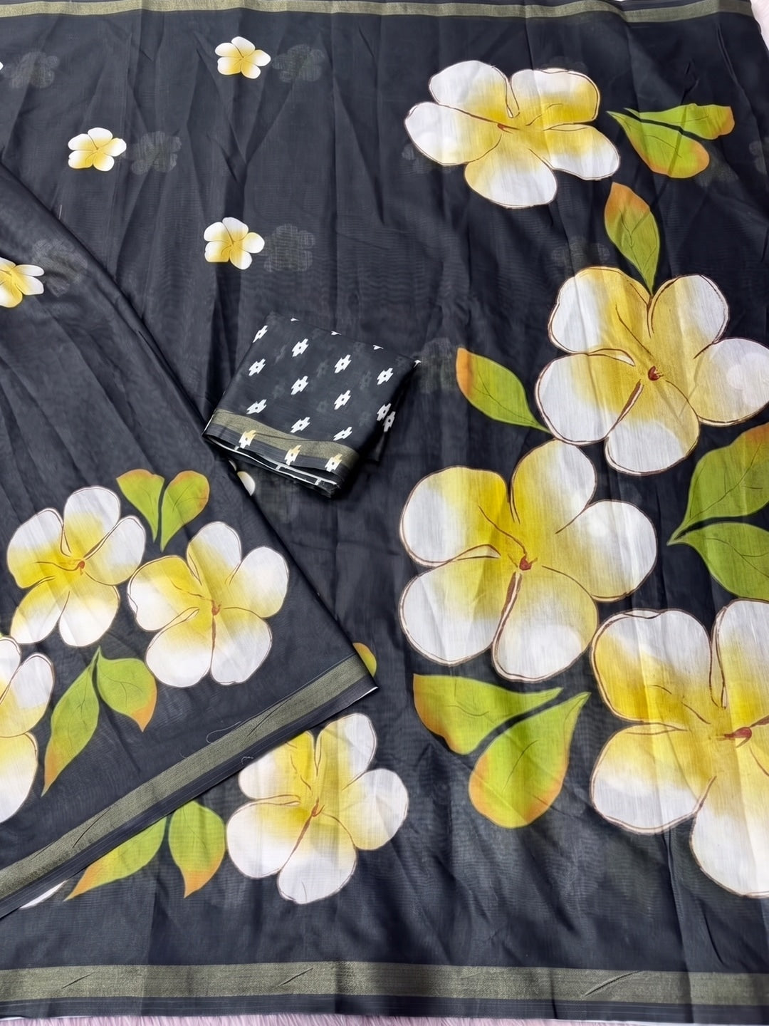 Black Floral Printed Mul Cotton Saree with Printed Blouse - Image 3