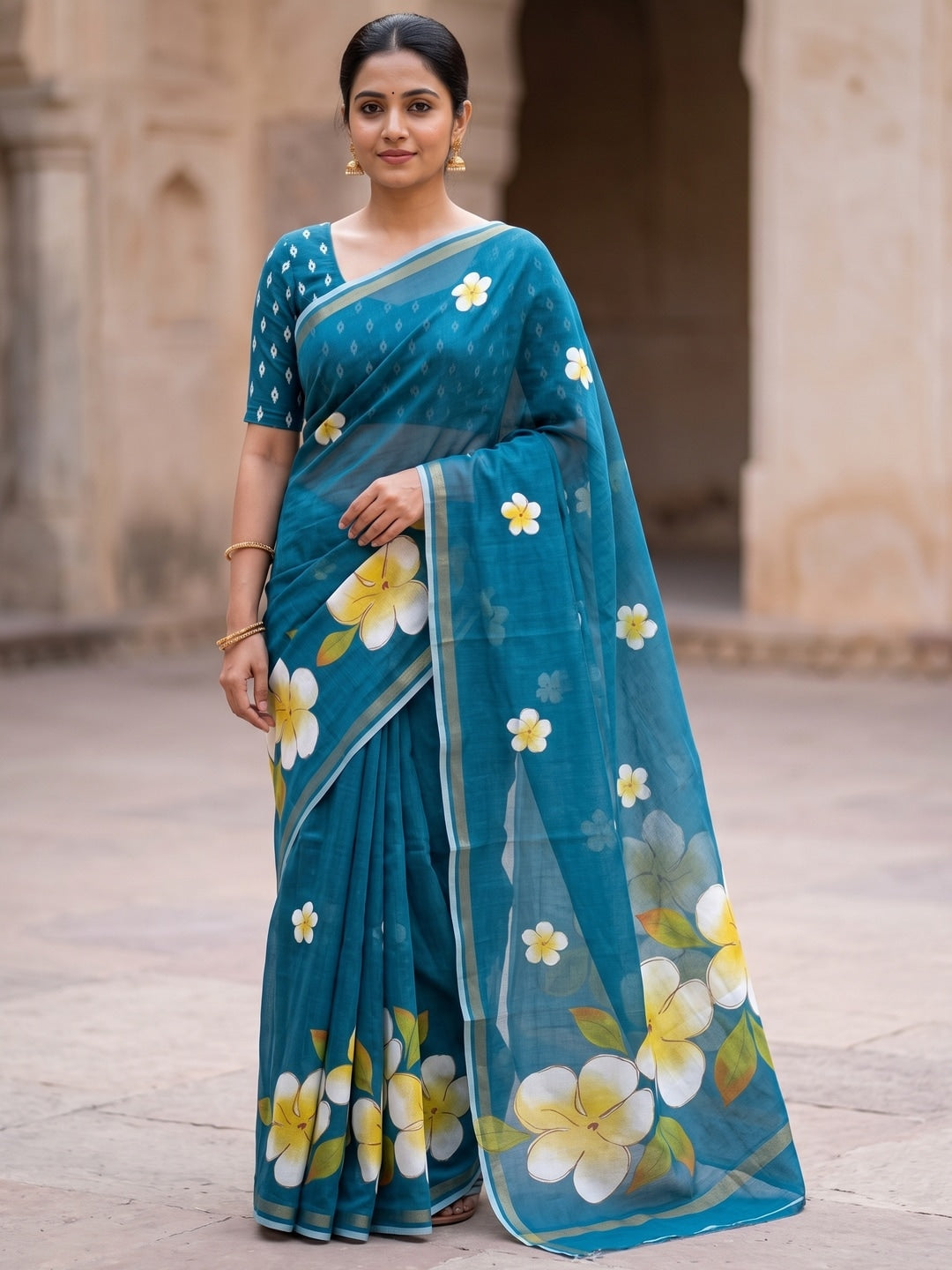 Rama Blue Floral Printed Mul Cotton Saree with Printed Blouse - Image 1