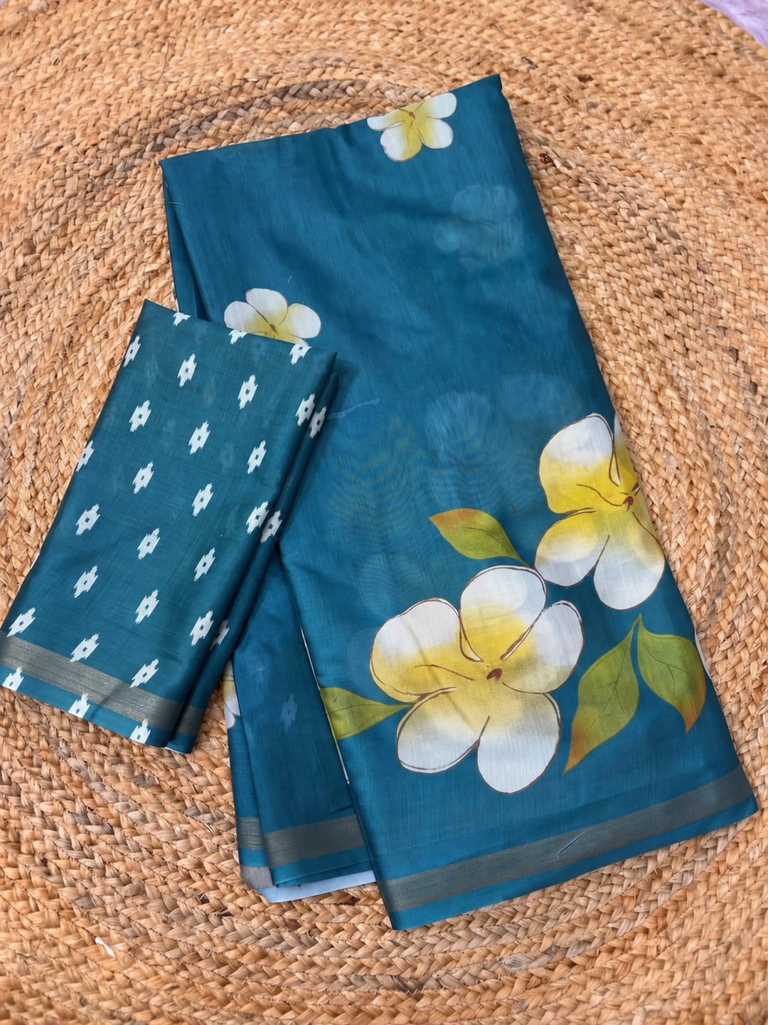Rama Blue Floral Printed Mul Cotton Saree with Printed Blouse - Image 2