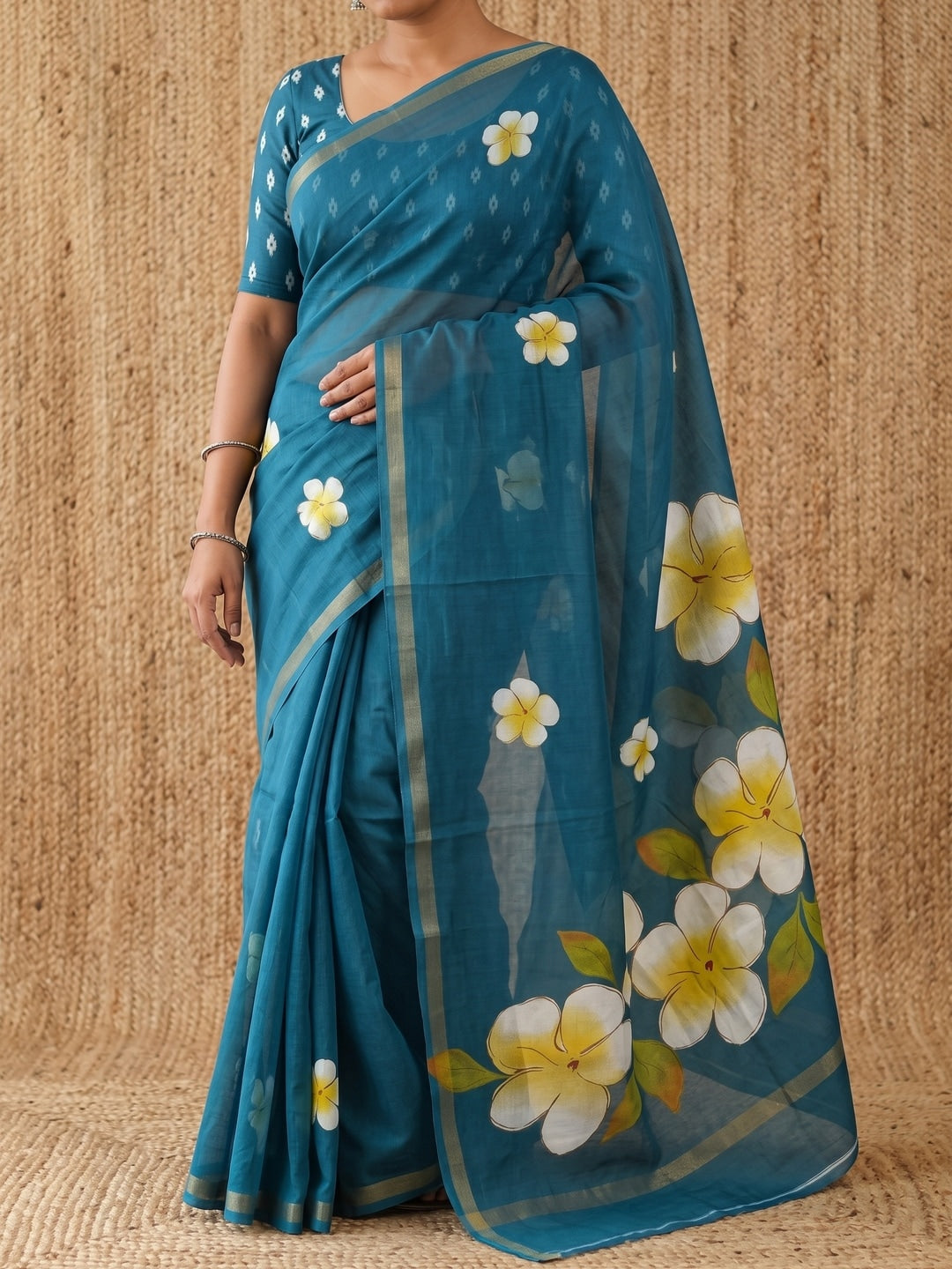 Rama Blue Floral Printed Mul Cotton Saree with Printed Blouse - Image 5