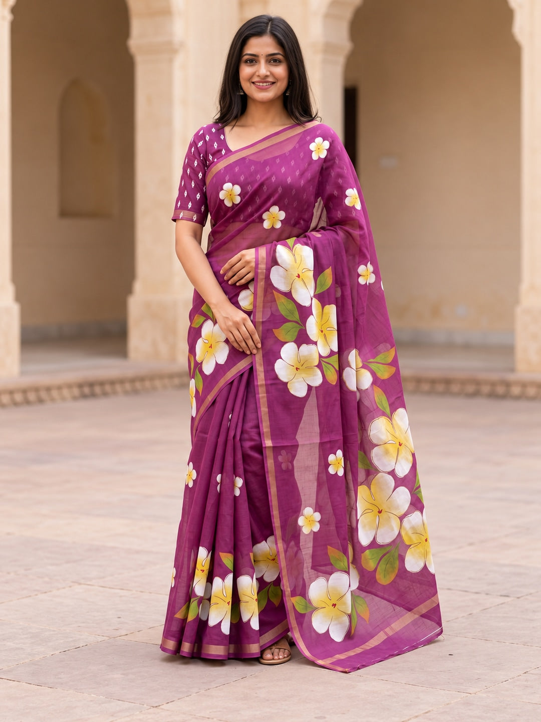 Wine Floral Printed Mul Cotton Saree with Printed Blouse - Image 1