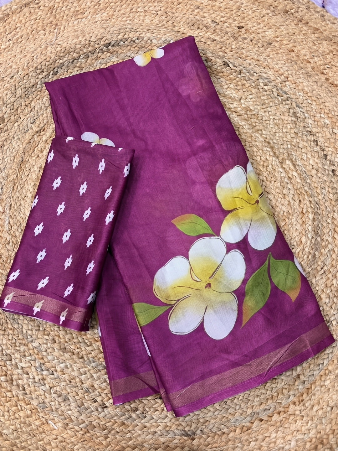 Wine Floral Printed Mul Cotton Saree with Printed Blouse - Image 2
