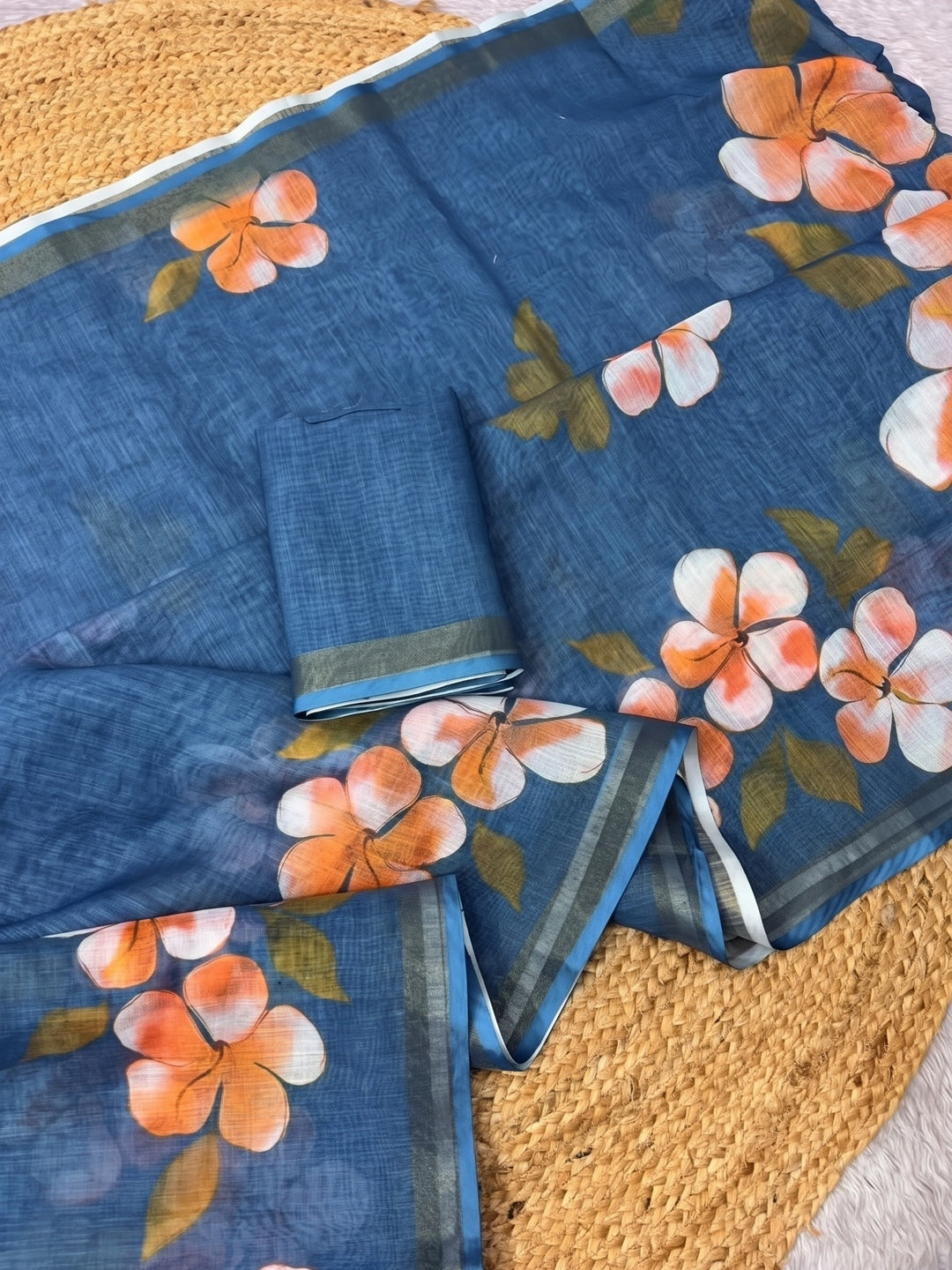 Blue Floral Printed Linen Saree with Matching Blouse - Image 2