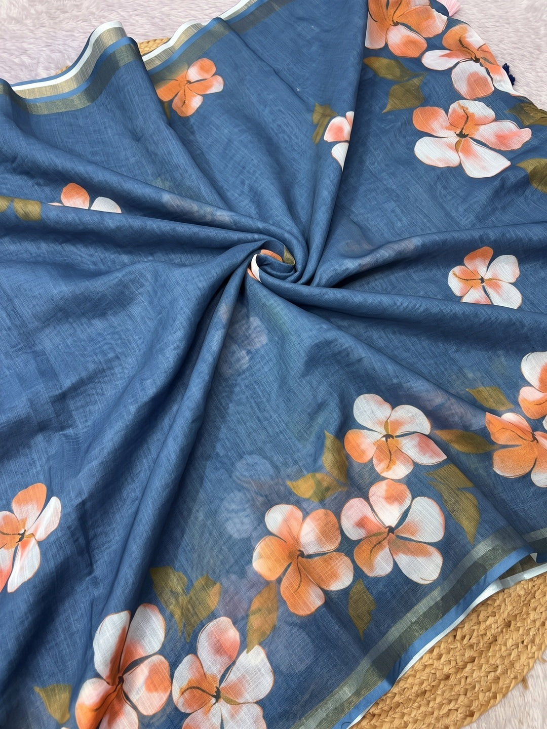 Blue Floral Printed Linen Saree with Matching Blouse - Image 3