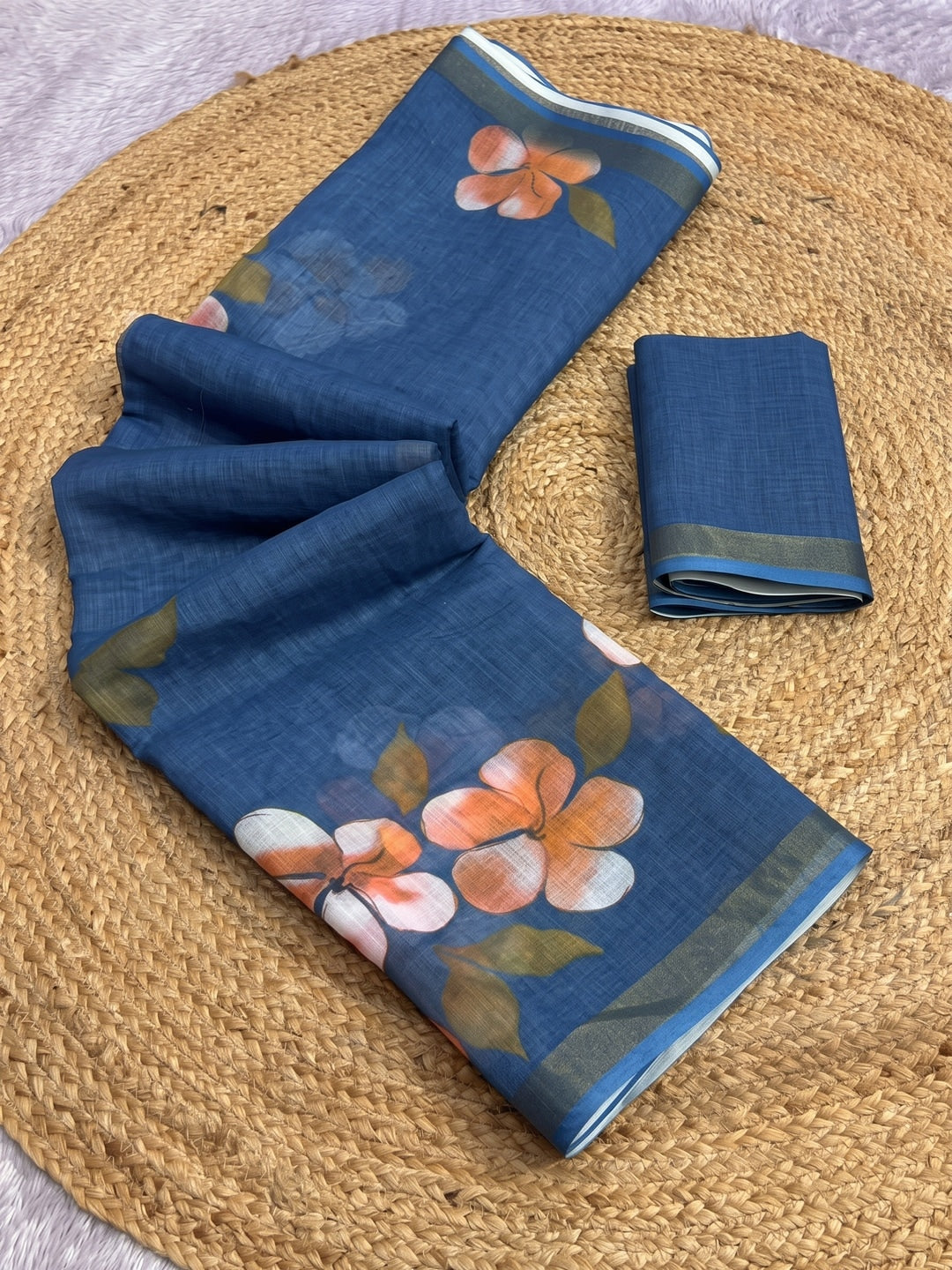 Blue Floral Printed Linen Saree with Matching Blouse - Image 4